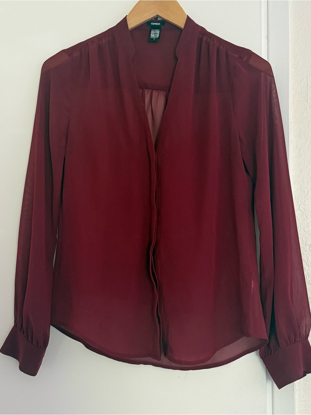 Express Sheer Burgundy Long-Sleeve V-Neck Blouse